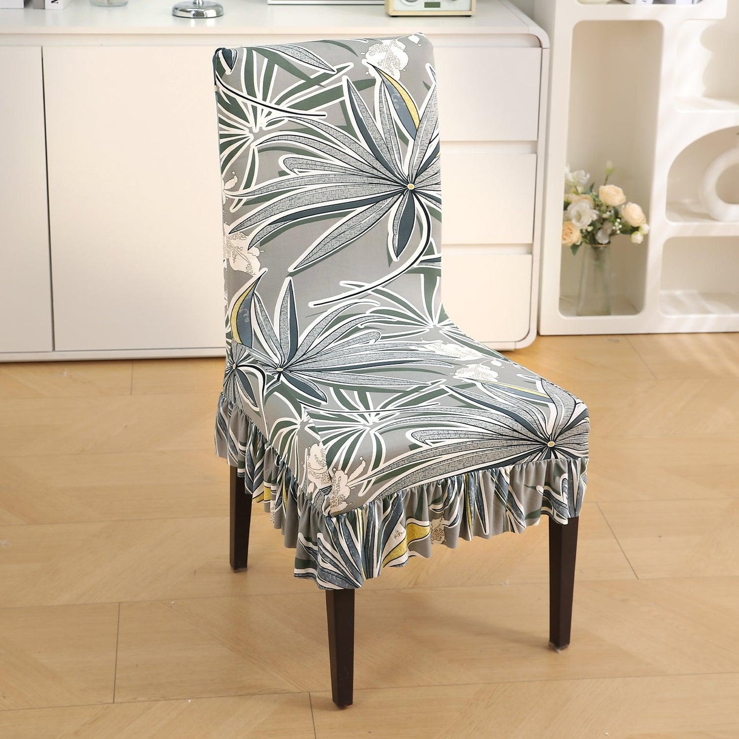 Stretchable Frill Chair Cover Set of 1/2/4/6, Frost Grey Marginata - HOKIPO | Har Ghar ka Humsafar