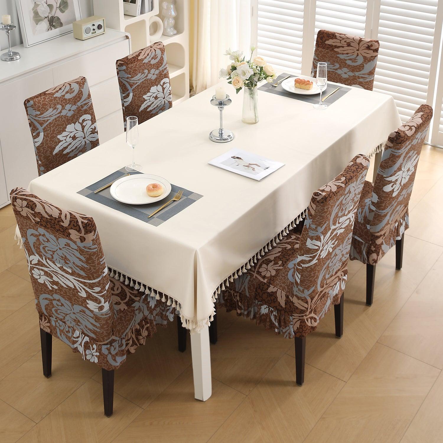 Stretchable Frill Chair Cover Set of 1/2/4/6, Rich Chocolate Damask Floral - HOKIPO | Har Ghar ka Humsafar