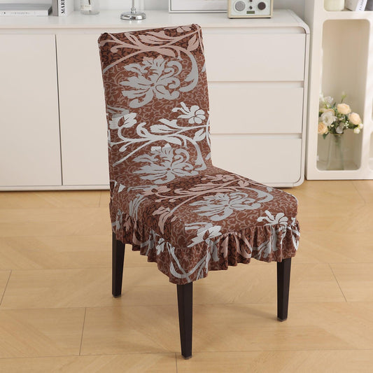 Stretchable Frill Chair Cover Set of 1/2/4/6, Rich Chocolate Damask Floral - HOKIPO | Har Ghar ka Humsafar