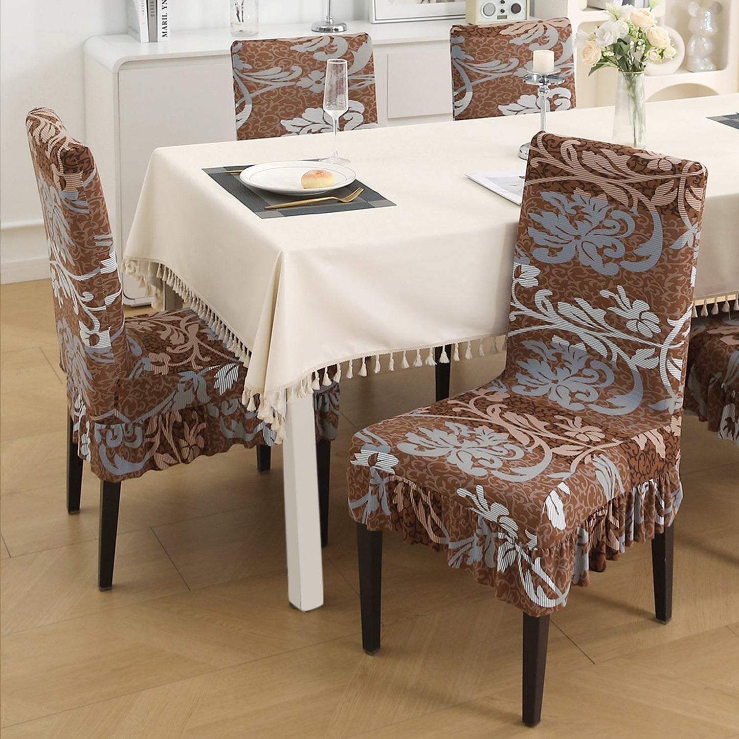 Stretchable Frill Chair Cover Set of 1/2/4/6, Rich Chocolate Damask Floral - HOKIPO | Har Ghar ka Humsafar