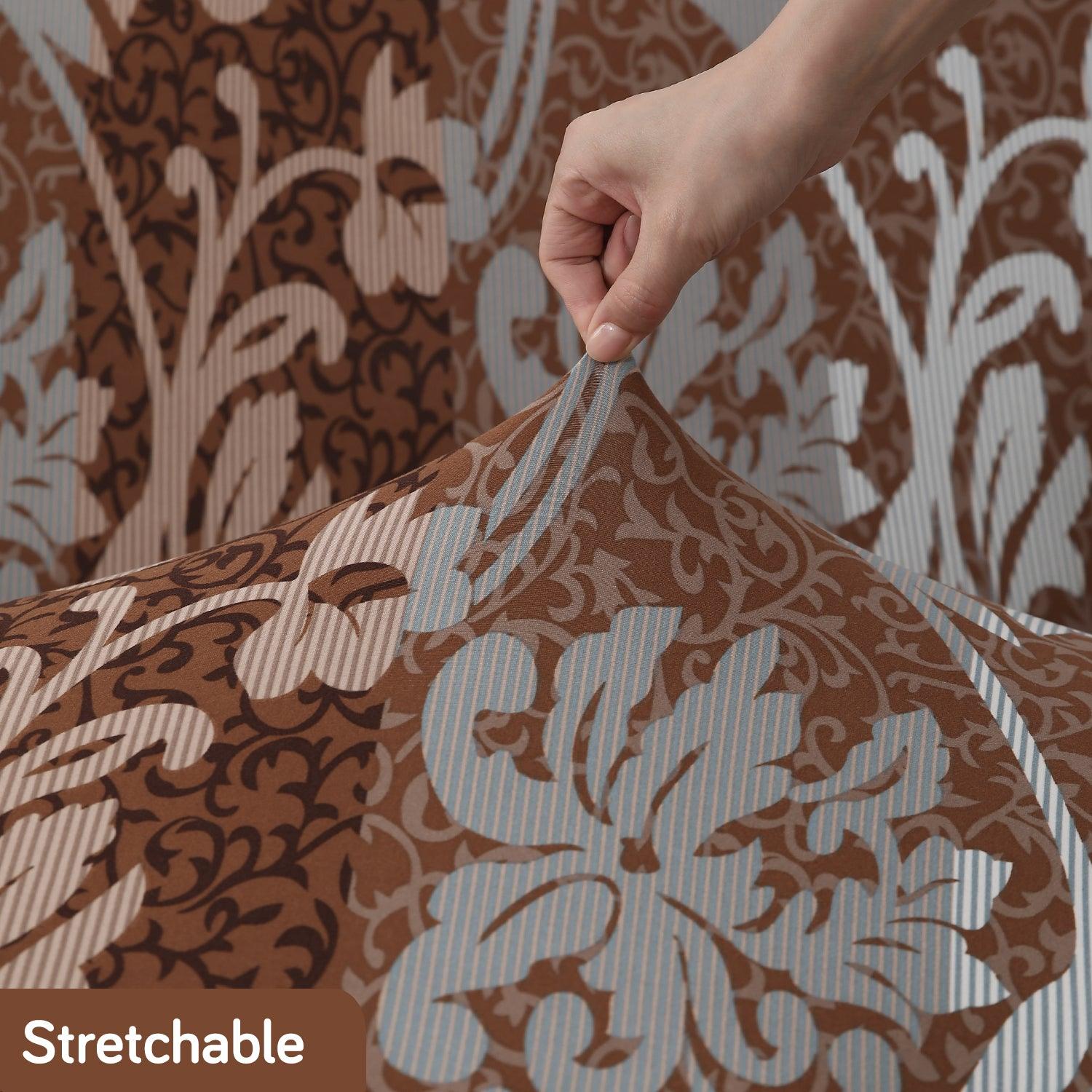 Stretchable Frill Chair Cover Set of 1/2/4/6, Rich Chocolate Damask Floral - HOKIPO | Har Ghar ka Humsafar