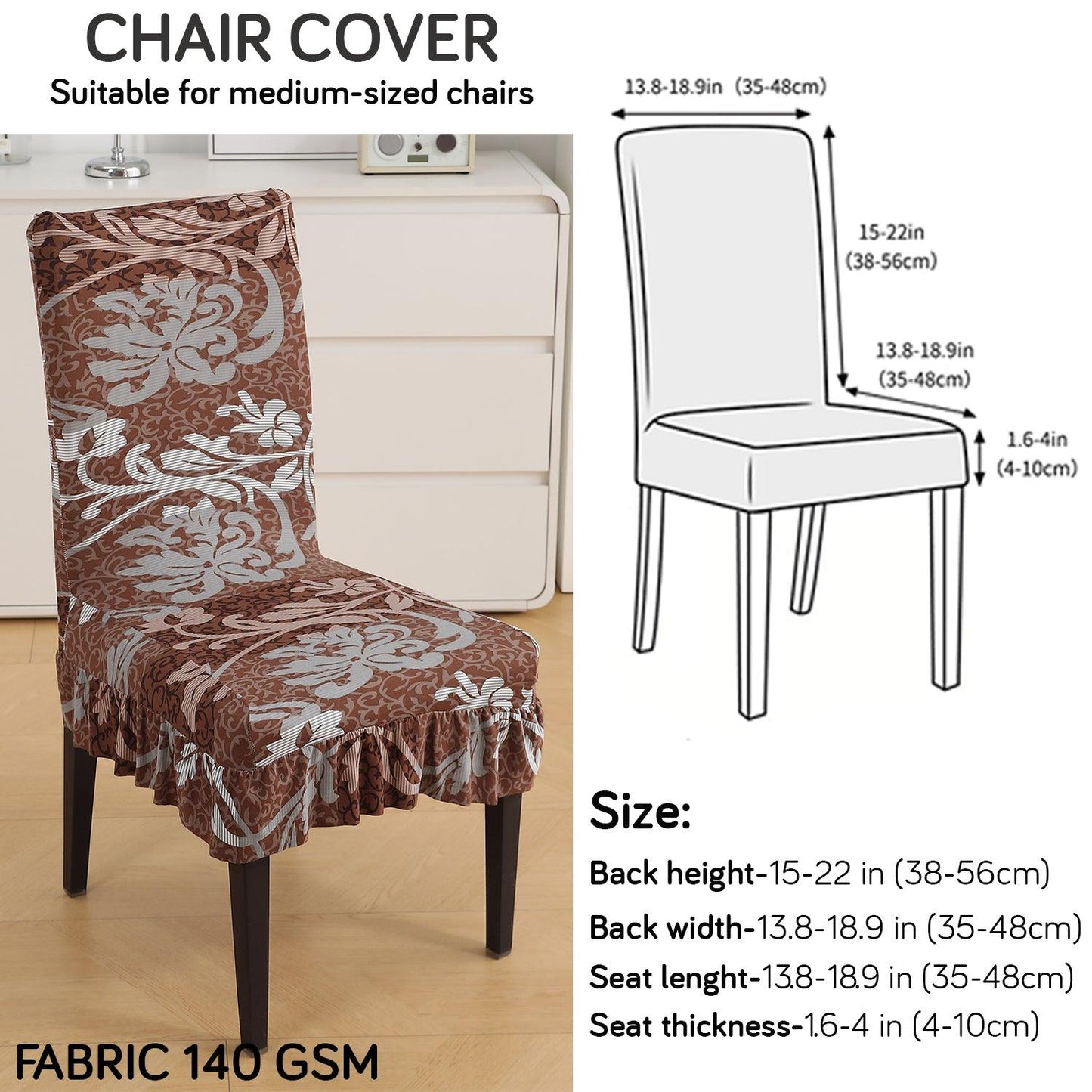 Stretchable Frill Chair Cover Set of 1/2/4/6, Rich Chocolate Damask Floral - HOKIPO | Har Ghar ka Humsafar