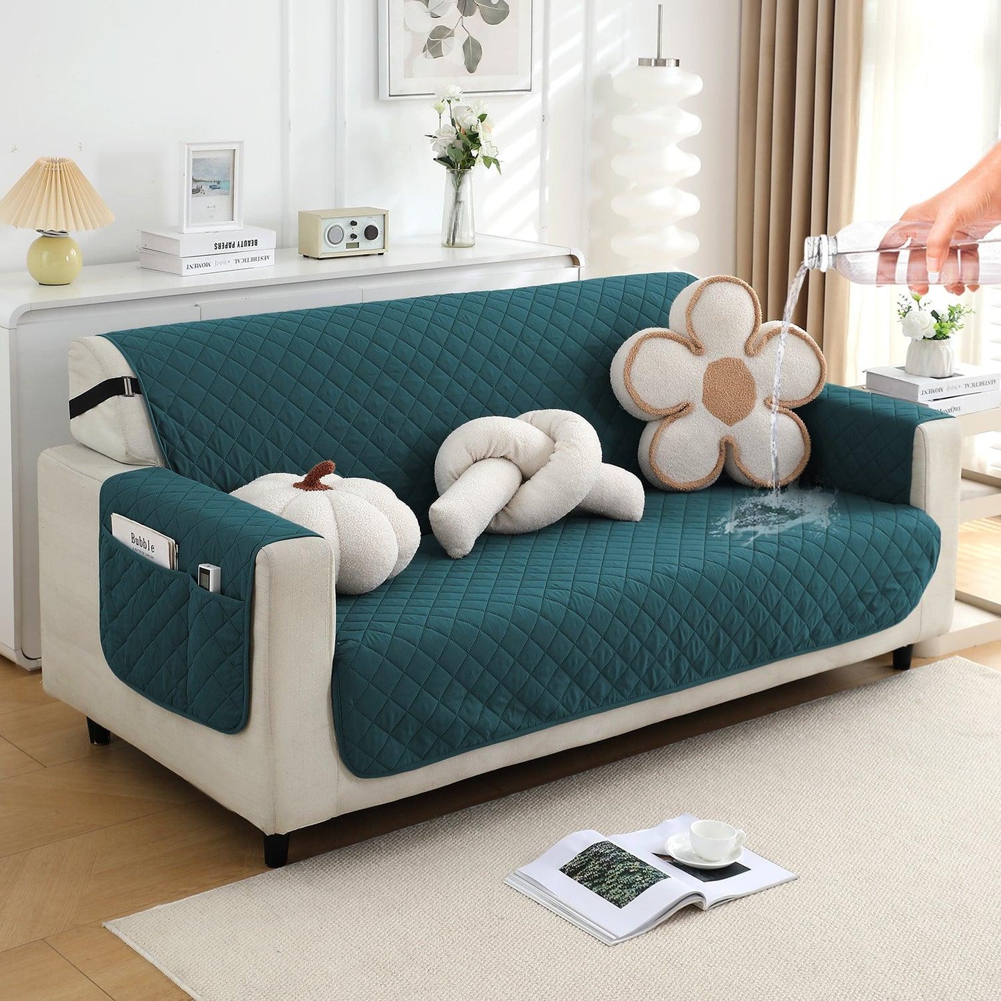 3 Seater peacock blue sofa cover with armrest cover and pocket | HOKIPO
