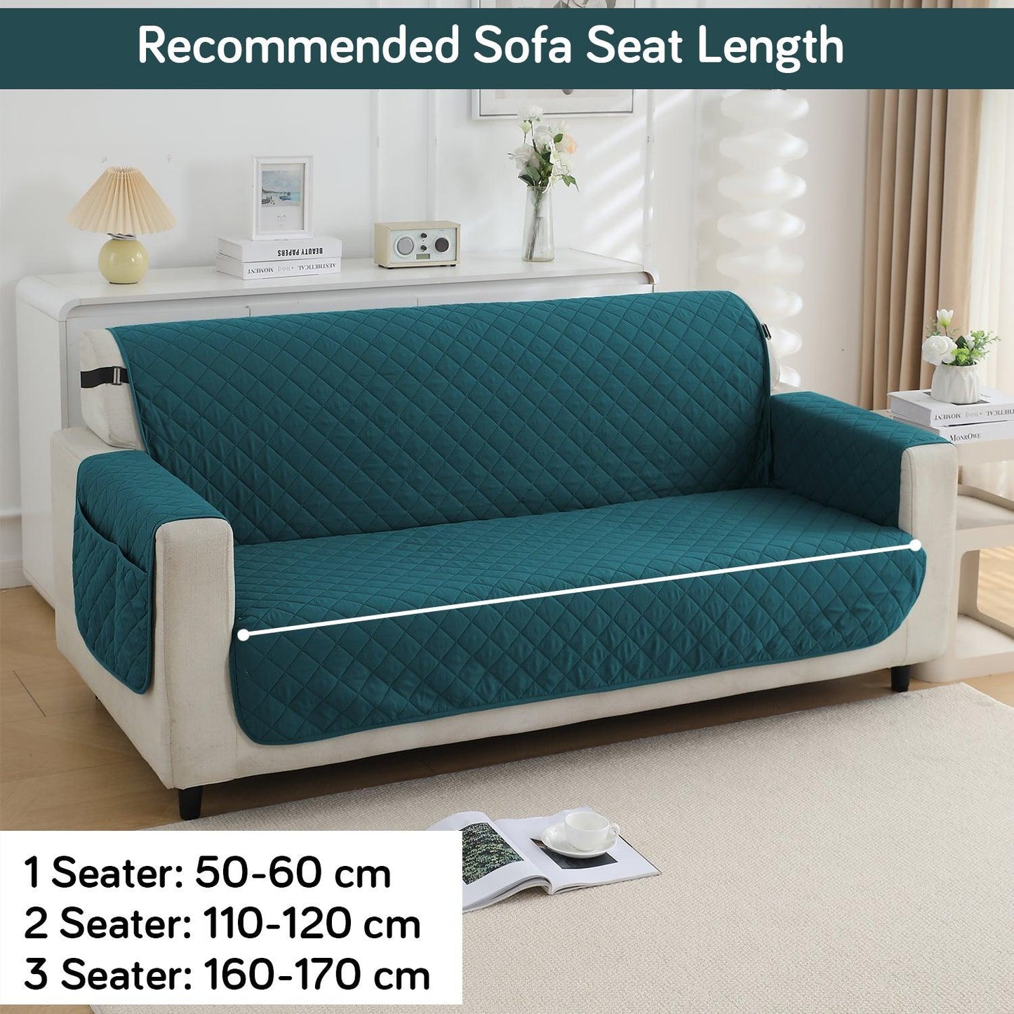 1, 2, 3 Seater Peacock Blue Quilted Waterproof Quilted Sofa Cover | HOKIPO
