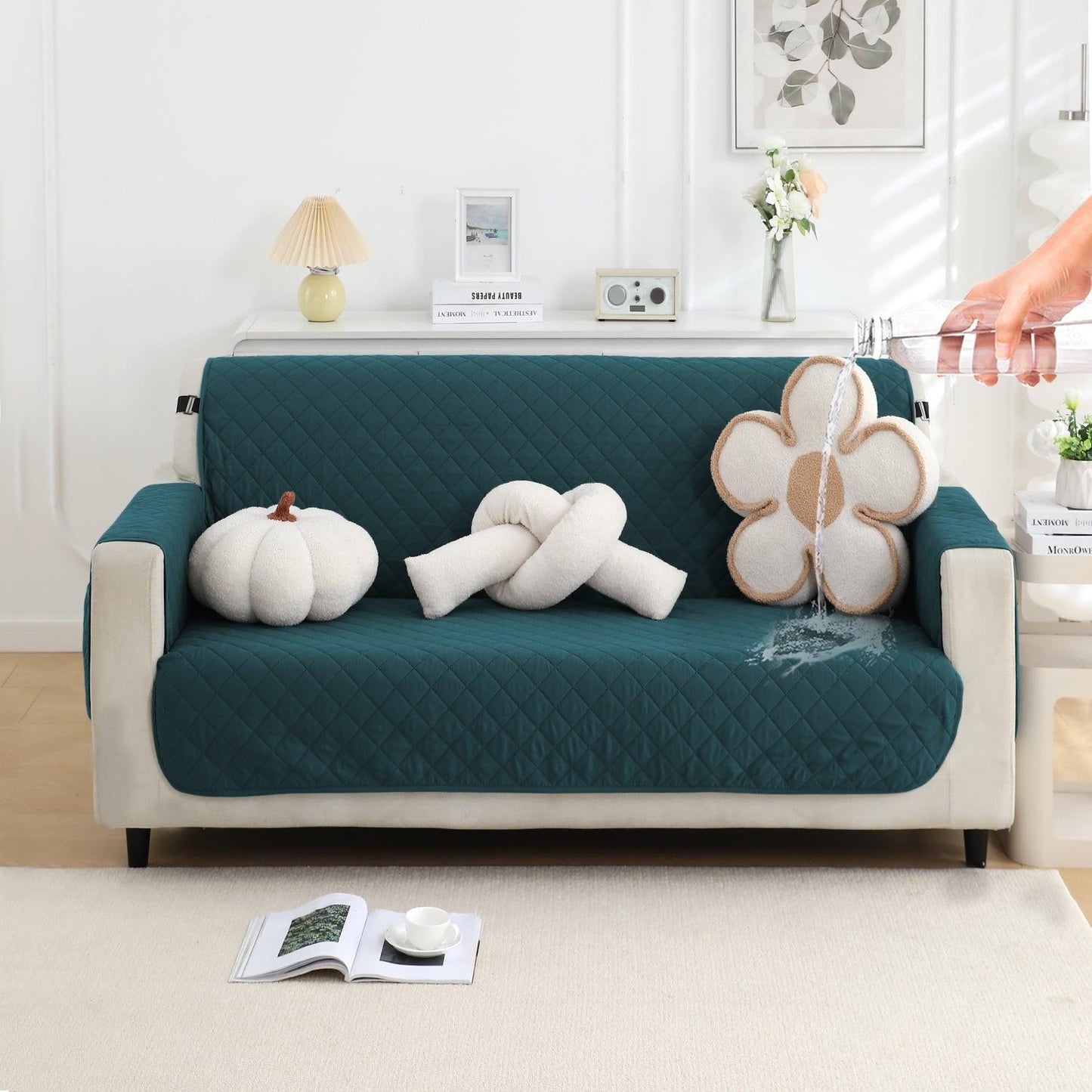 2 Seater Waterproof Quilted sofa Cover with armrest cover and pockets | HOKIPO