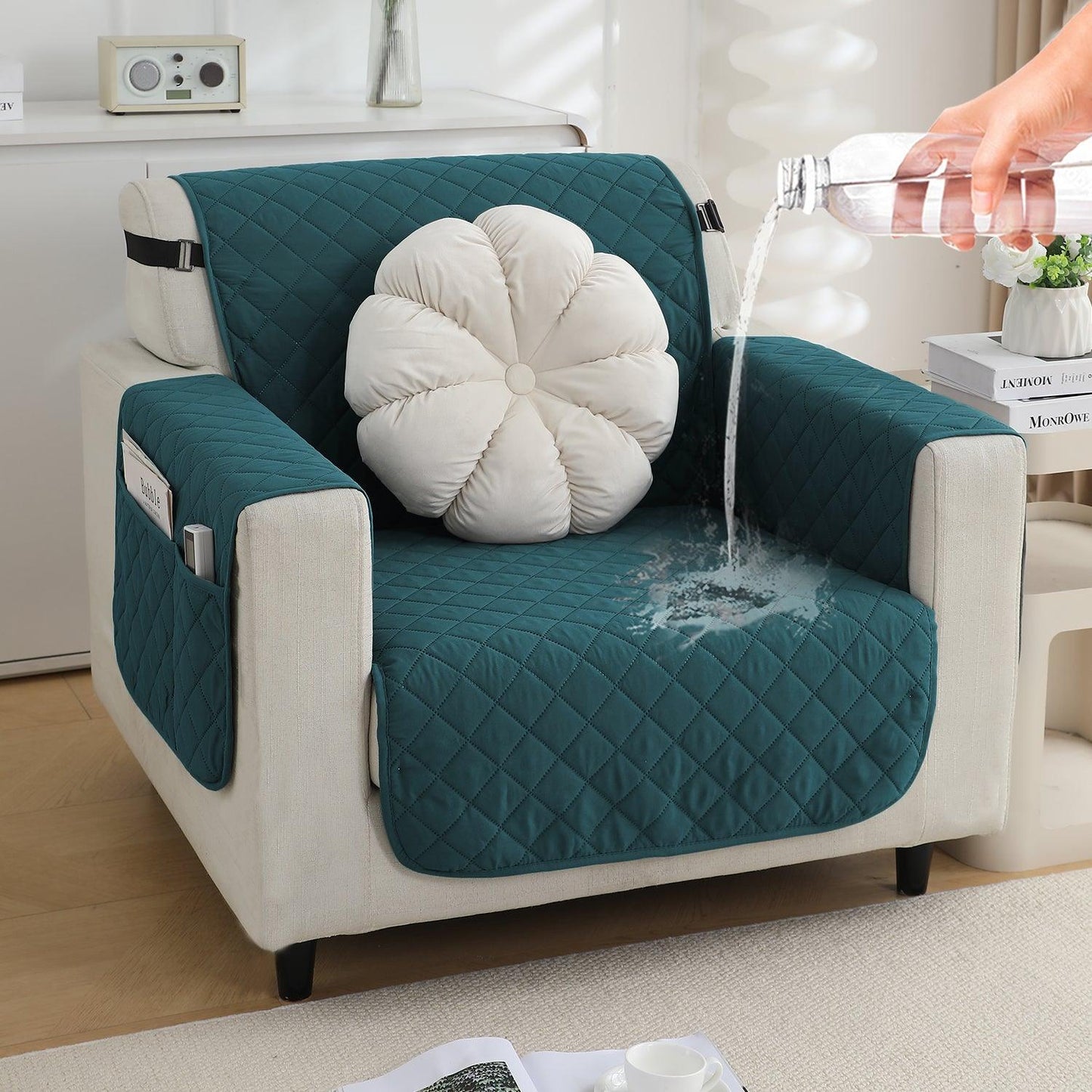 SIngle Seater waterproof Peacock Blue Quilted Sofa Cover with Armrest Cover with Pockets | HOKIPO