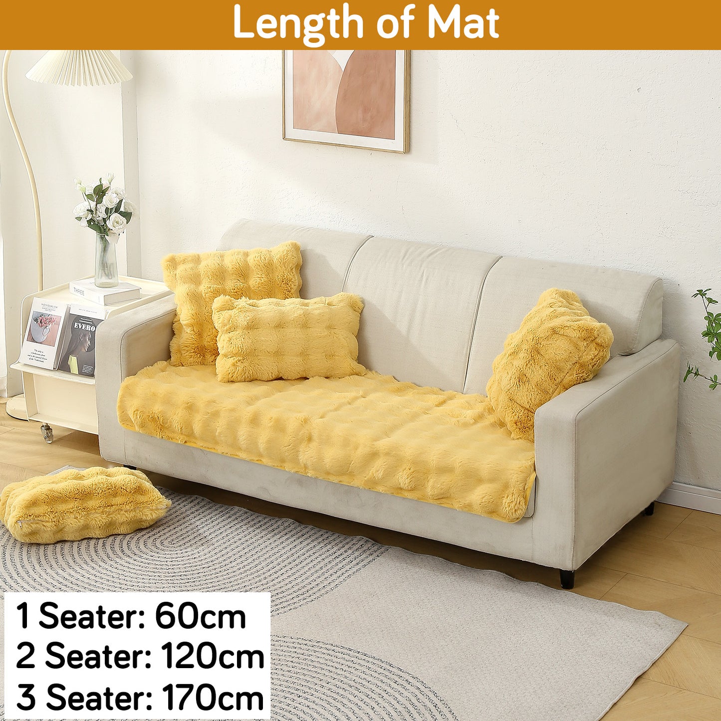 Premium Faux Rabbit Fur Anti Slip Sofa Mat for 1/2/3 Seater, Honey Yellow