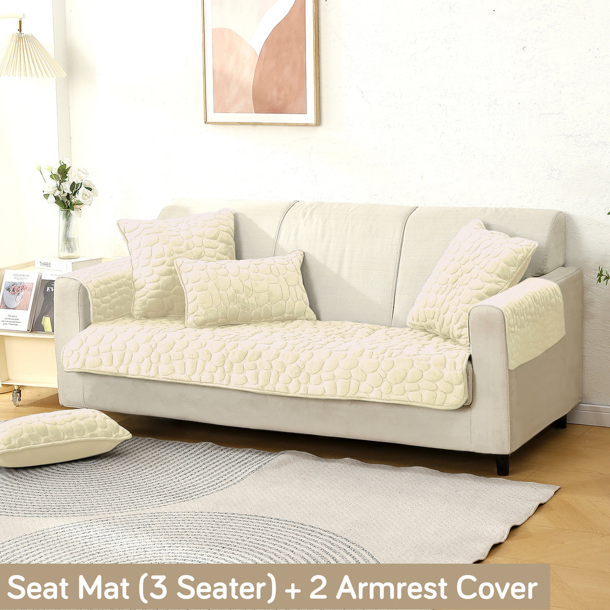 Premium Pebble Milk Velvet Anti Slip Sofa Cover Mat with 2 Armrest Cover, Bliss White