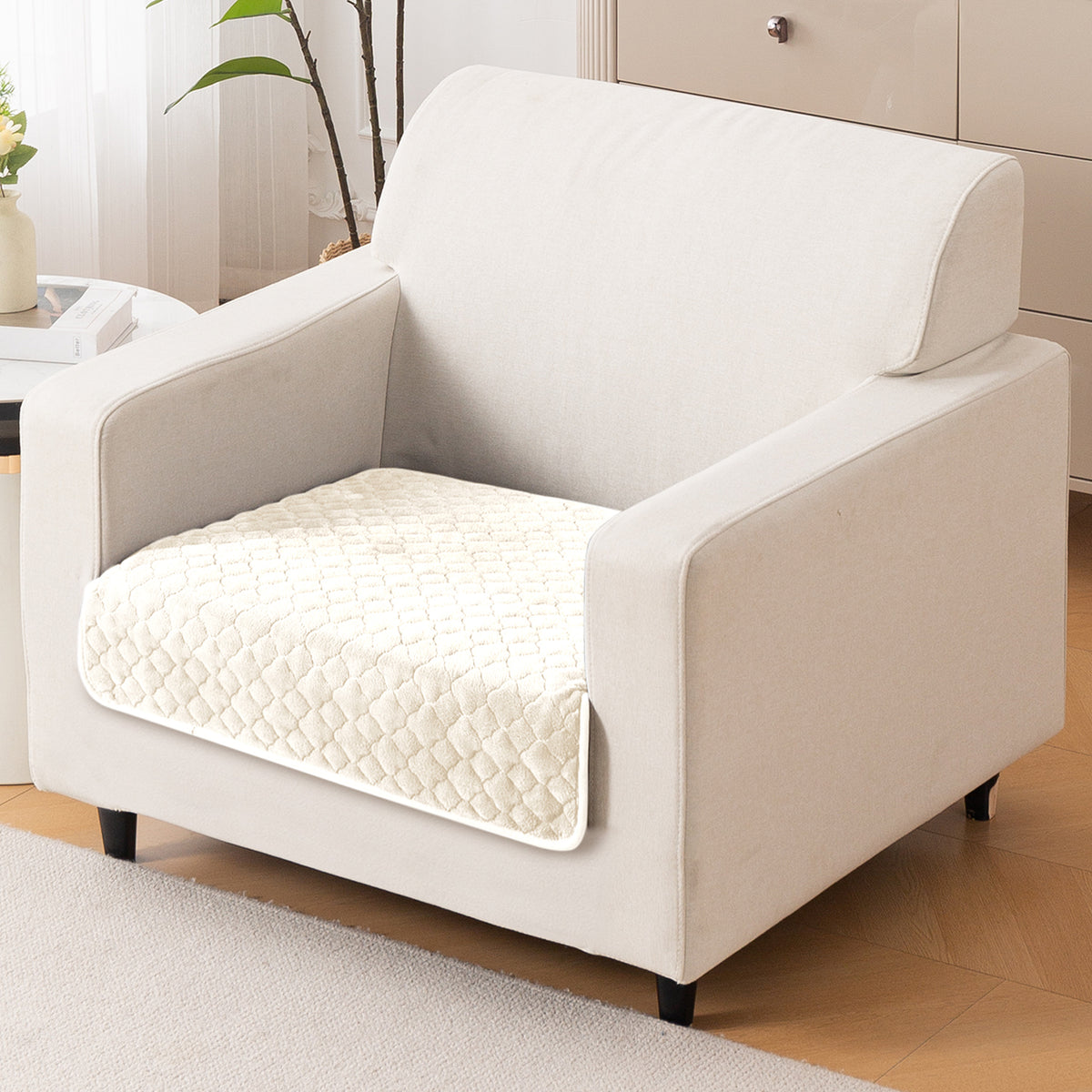 Diamond Plush Pebble Quilted Sofa Cover Mat, Cream