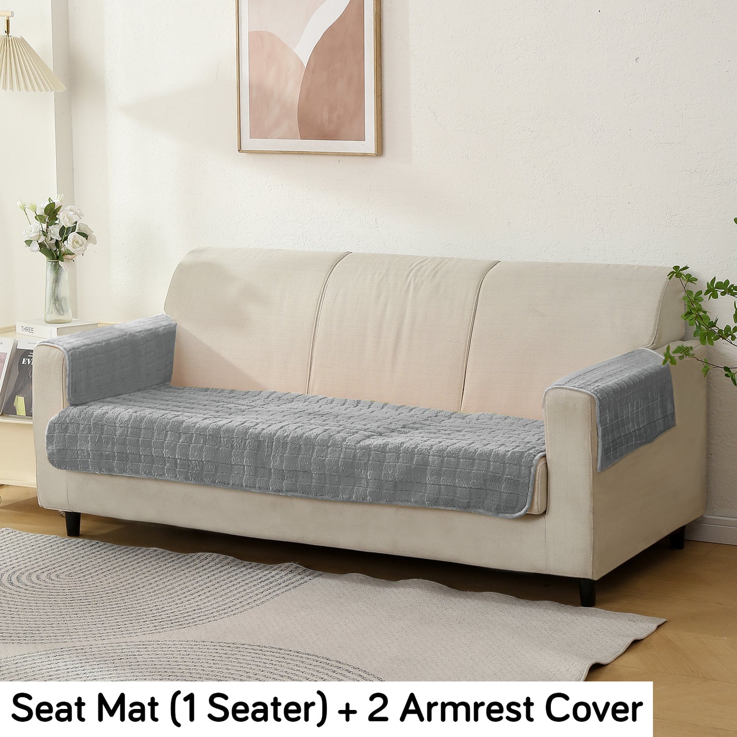 Premium Plush Anti Slip Sofa Cover Mat with 2 Armrest Cover and Cushion Cover, Light Grey