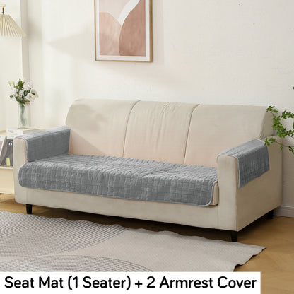 Premium Plush Anti Slip Sofa Cover Mat with 2 Armrest Cover and Cushion Cover, Light Grey