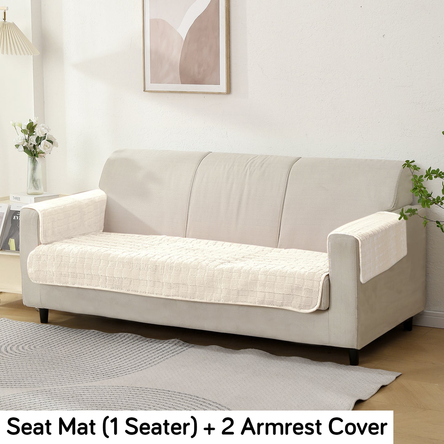 Premium Plush Sofa Cover Mat with 2 Armrest Cover and Cushion Cover, White
