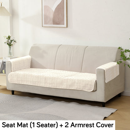 Premium Plush Sofa Cover Mat with 2 Armrest Cover and Cushion Cover, White