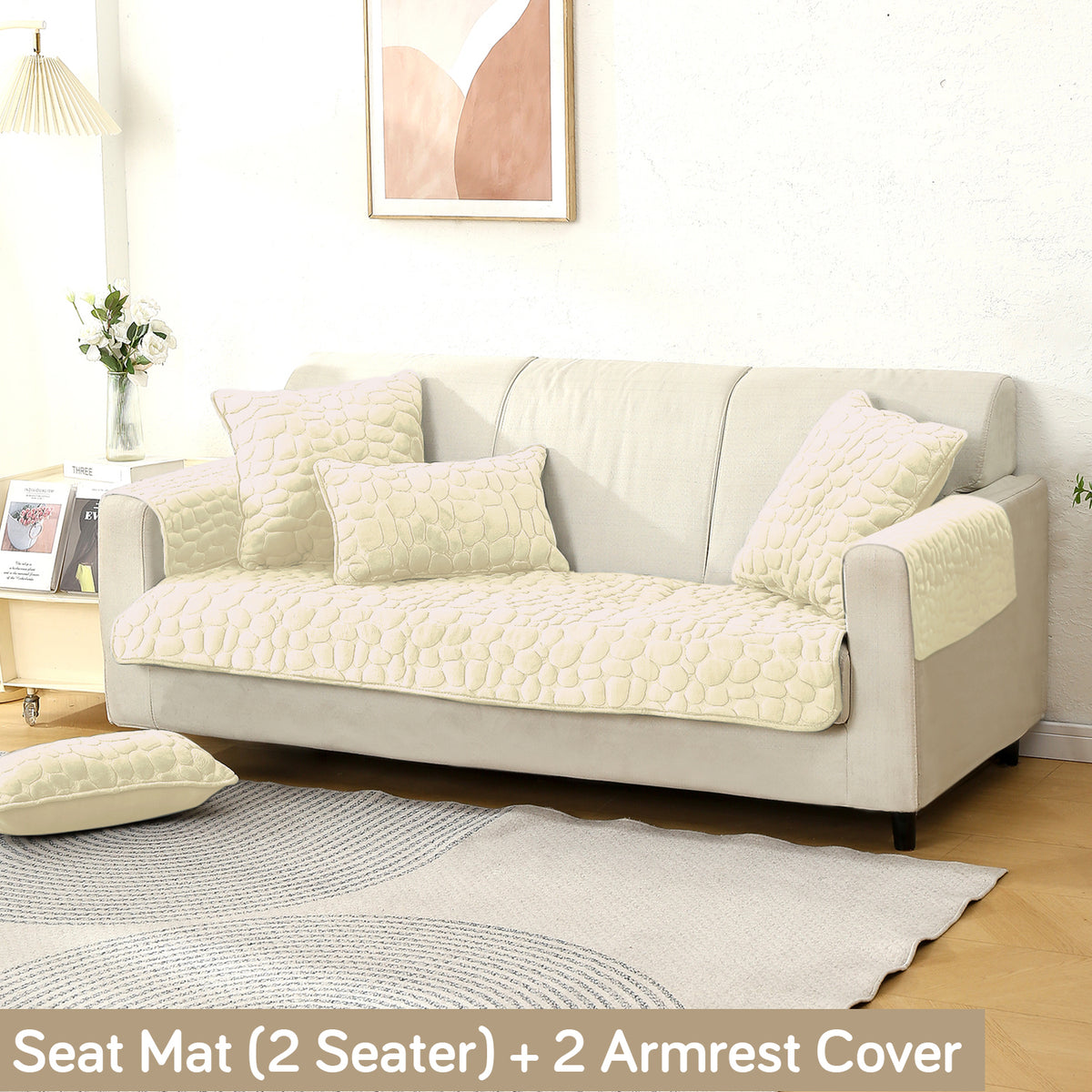 Premium Pebble Milk Velvet Anti Slip Sofa Cover Mat with 2 Armrest Cover, Bliss White