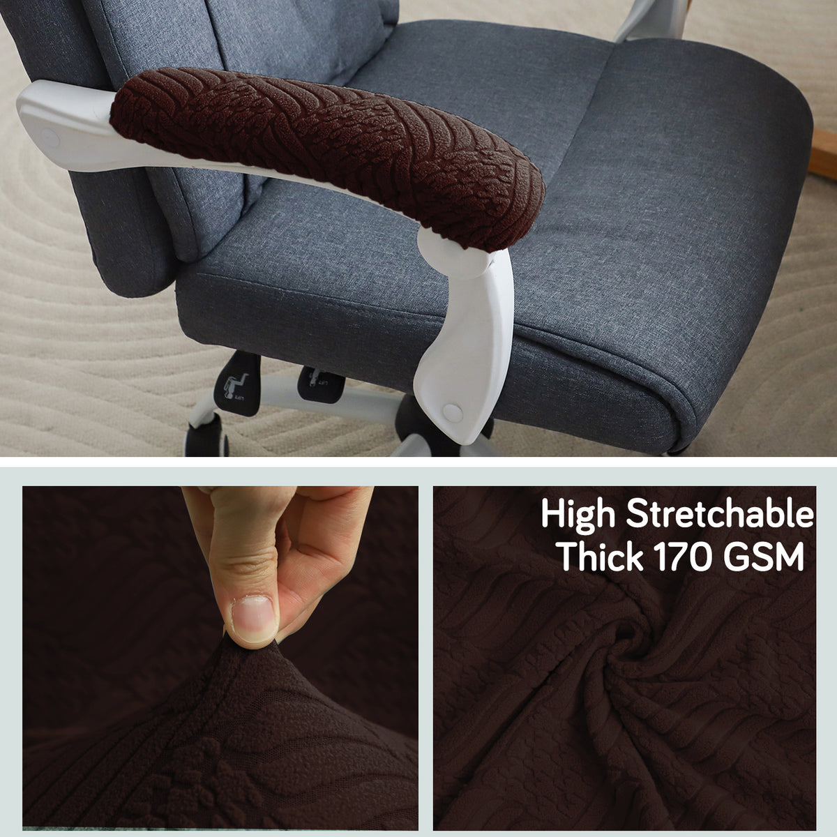 170gsm Jacquard Armrest Covers for Office Chair (Elastic Style), 1 Pair, Brown