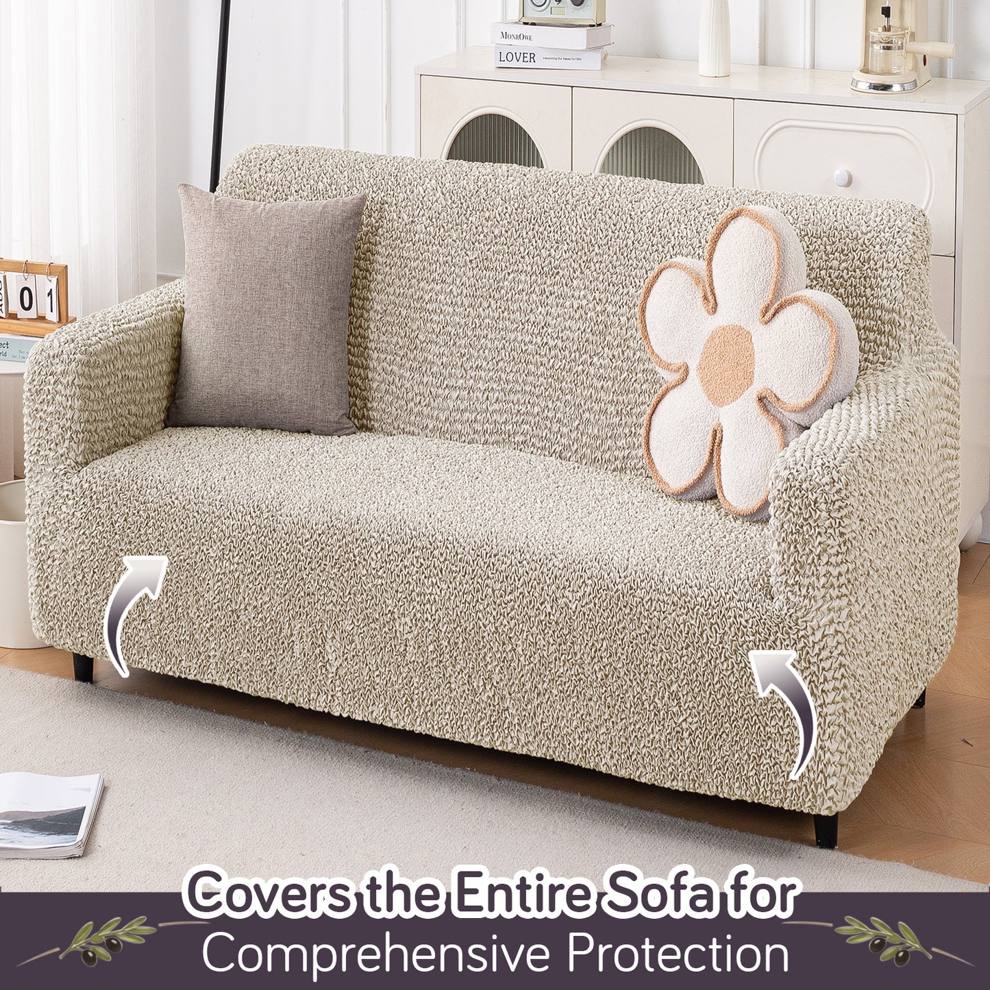 Italian Belissia Luxe Series' Super Stretchable Microfiber 1/2/3 Seater Sofa Cover, Snow Cream