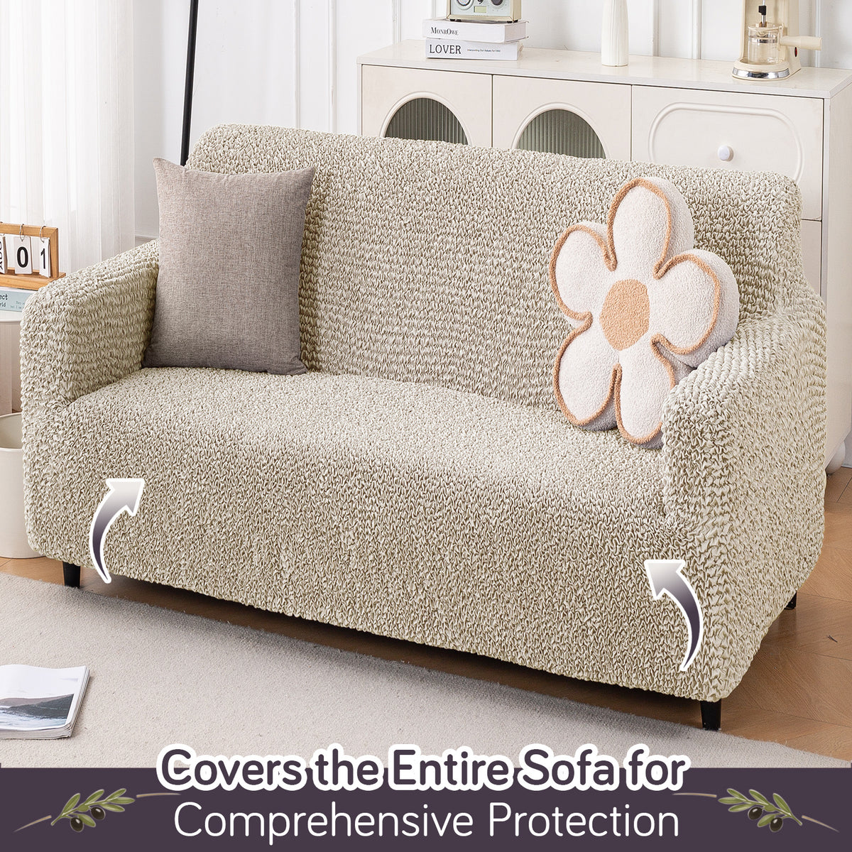 Italian Belissia Luxe Series' Super Stretchable Microfiber 1/2/3 Seater Sofa Cover, Snow Cream