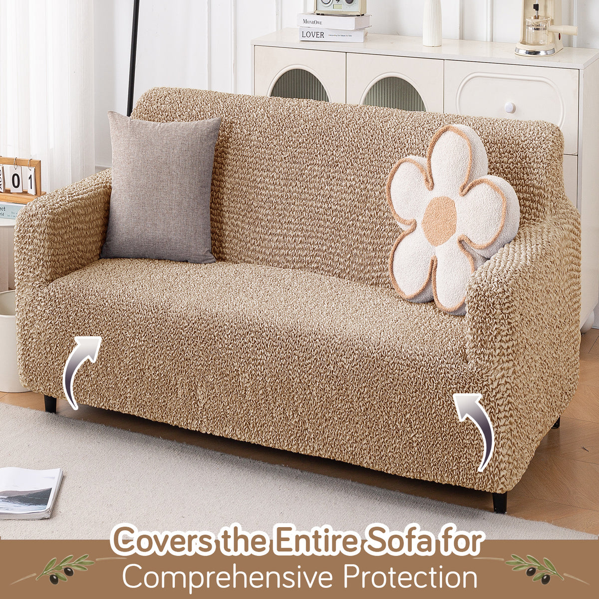 Italian Belissia Luxe Series' Super Stretchable Microfiber 1/2/3 Seater Sofa Cover, Latte Beige
