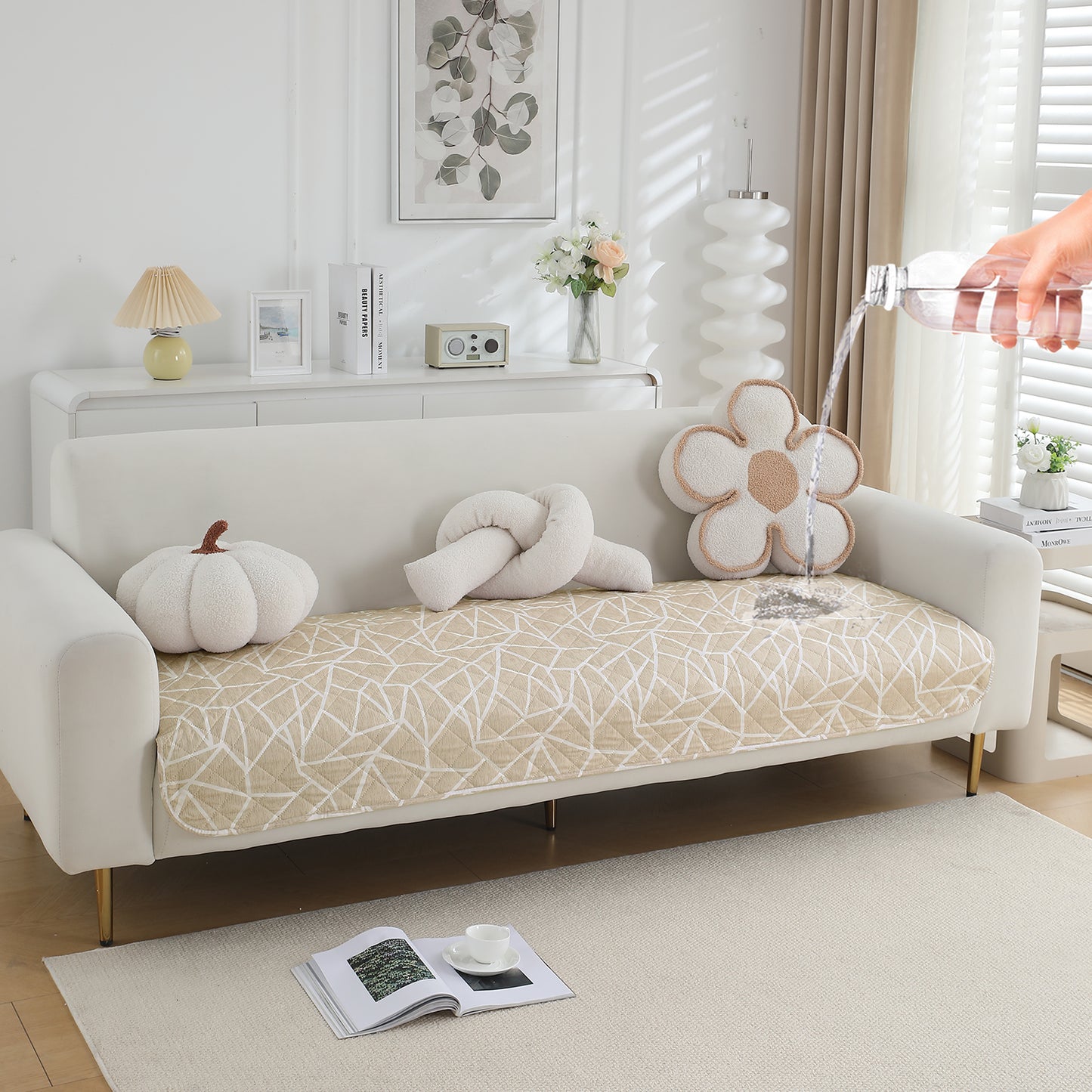 HOKIPO Water Repellent + Waterproof Quilted Sofa Mats, Beige Abstract Geometry