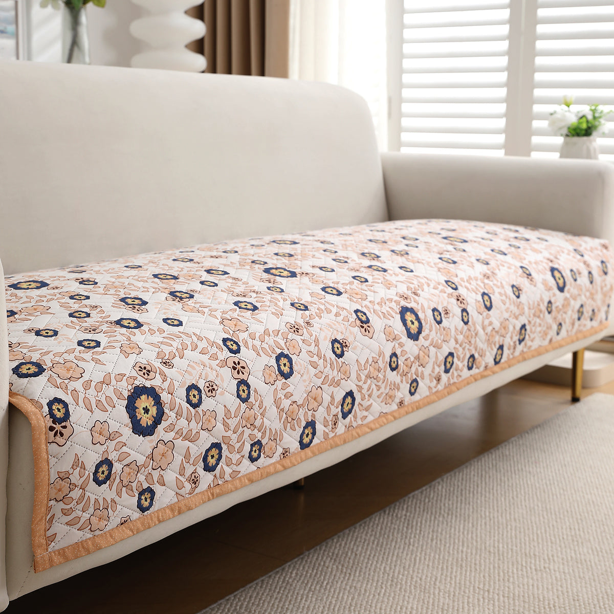 'Homehues' Printed Quilted Sofa Cover Mats,Light Peach Candytuft