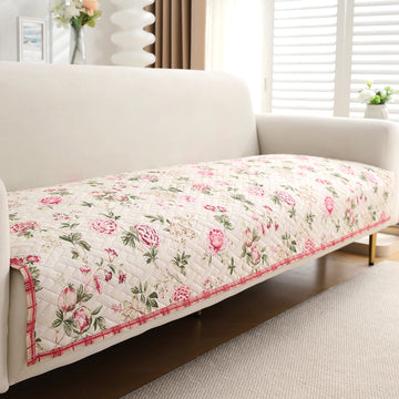 'Homehues' Printed Quilted Sofa Cover Mats, Beige Peonies