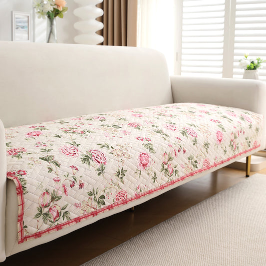 'Homehues' Printed Quilted Sofa Cover Mats, Beige Peonies