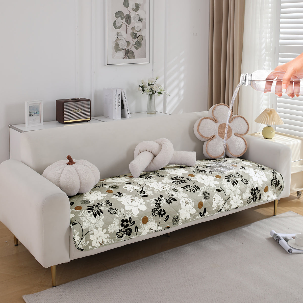 Water Repellent + Waterproof Quilted Sofa Mats, Feather Brown Floral