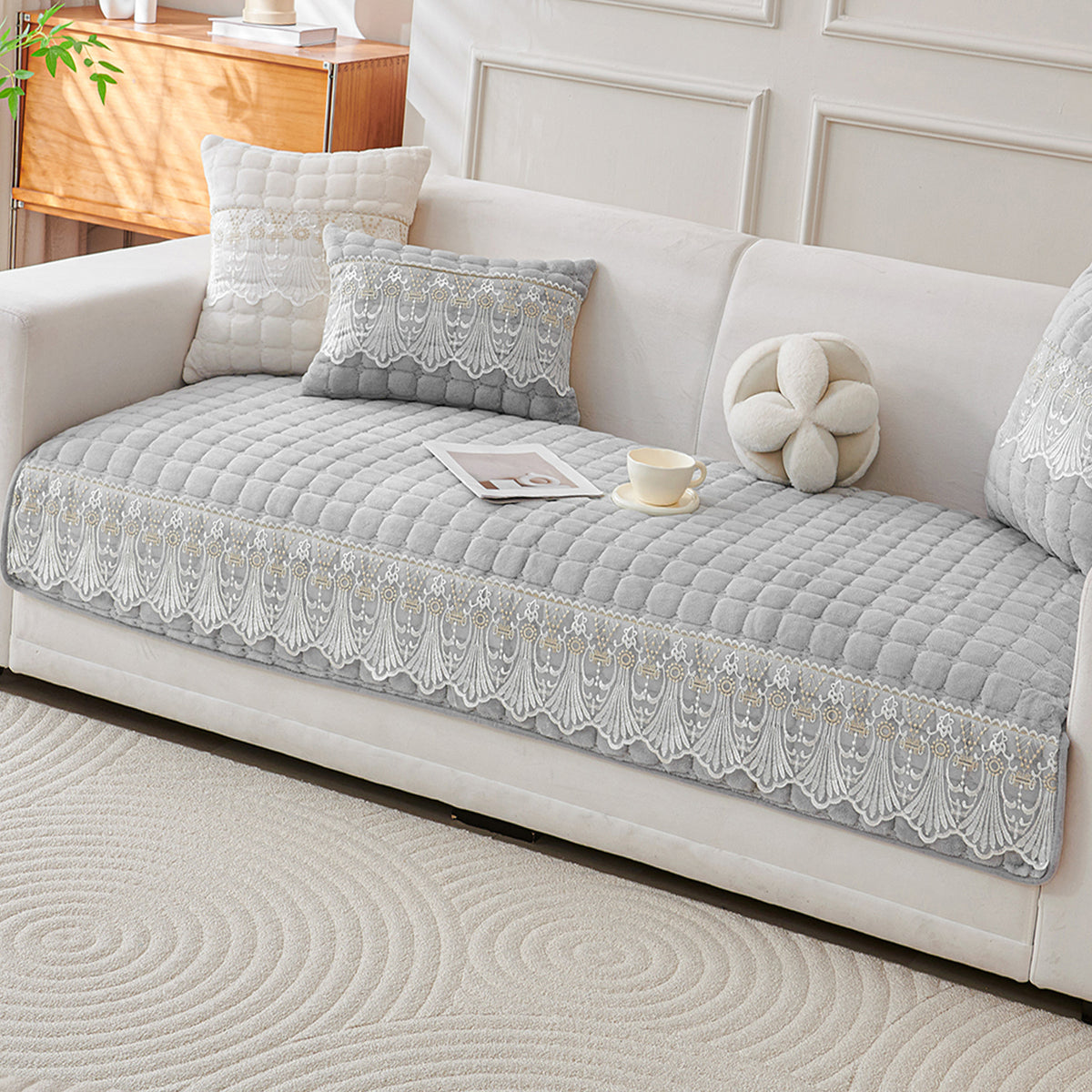 BelleLace Series Imperial Milk Velvet Sofa Cover Mat with Lace Design - Cloud Grey