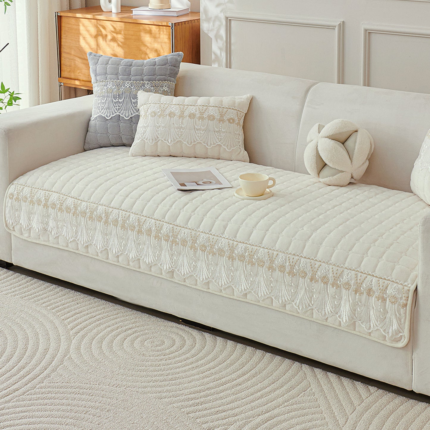 BelleLace Series Premium Imperial Milk Velvet Sofa Cover Mat with Lace Design -  Pearl White