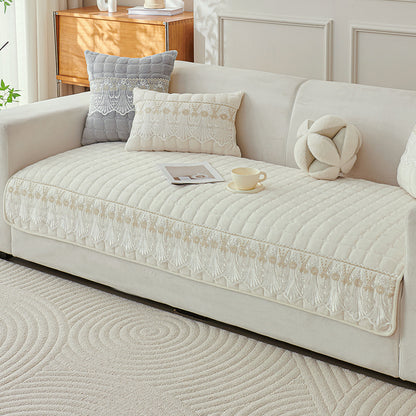 BelleLace Series Premium Imperial Milk Velvet Sofa Cover Mat with Lace Design -  Pearl White