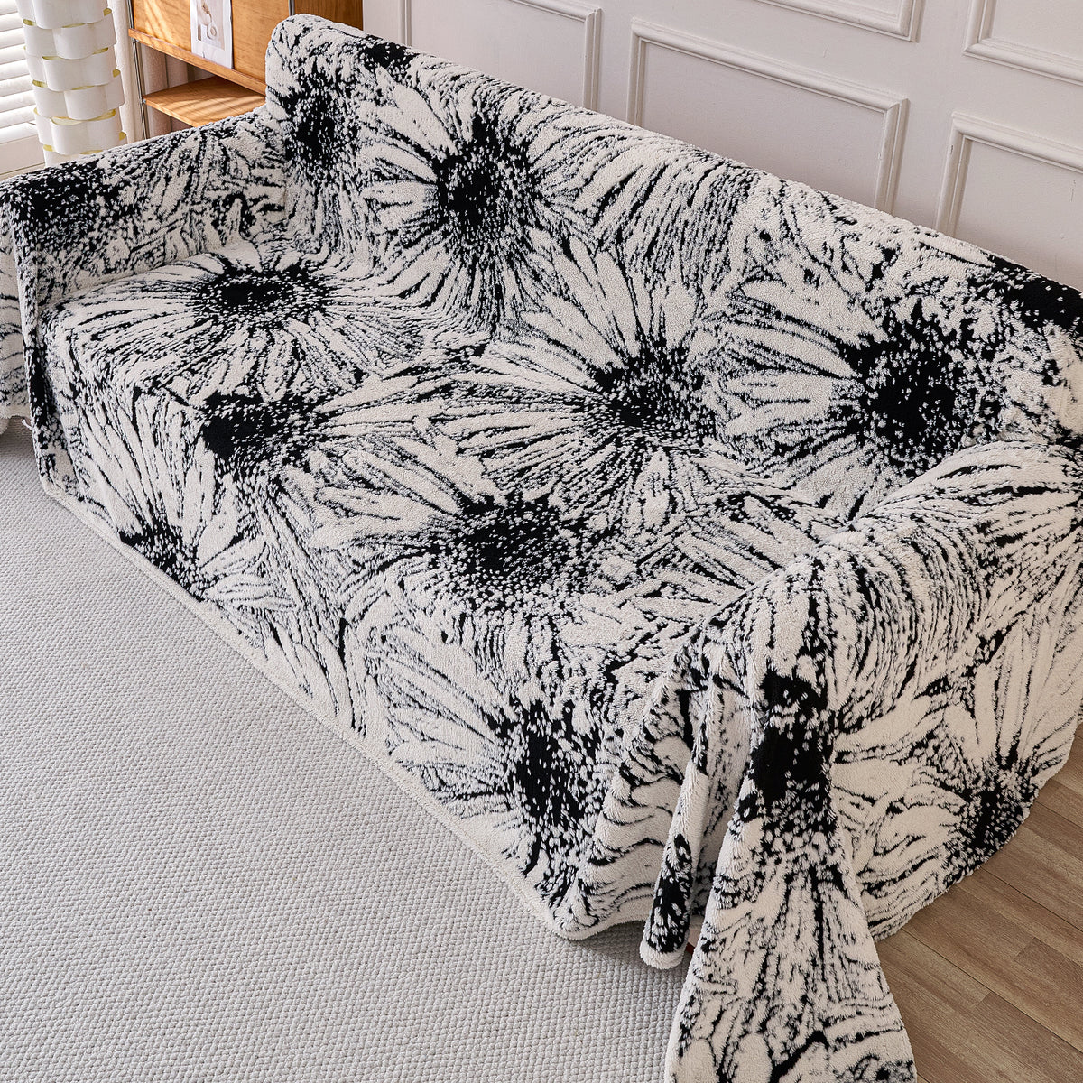 Buy Midnight Black Colour DaisyBloom Series Luxury Plush Sofa Throw | HOKIPO