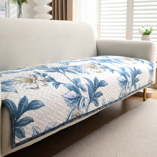 'Homehues' Printed Quilted Sofa Cover Mats, Celadon Blue Camellia