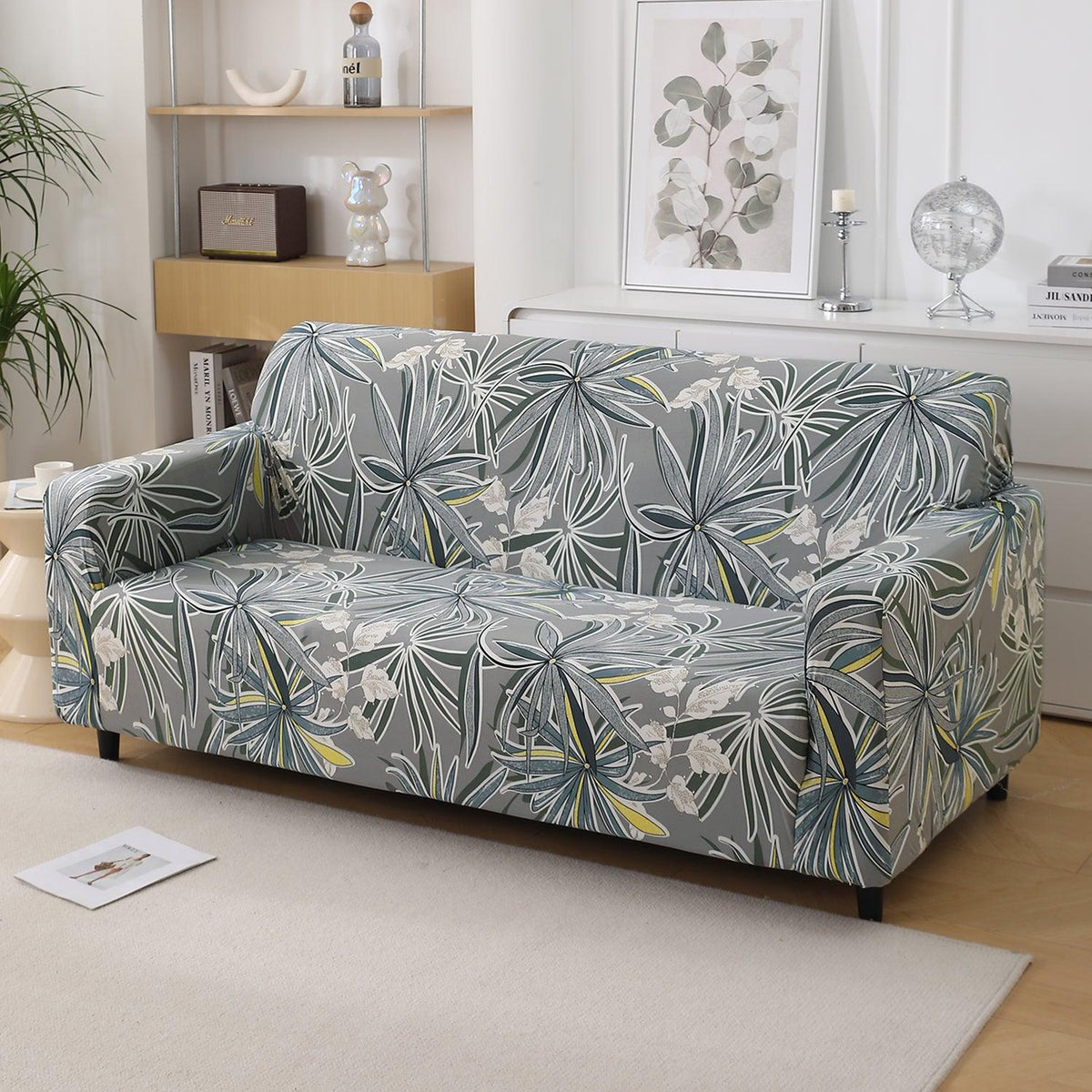Frost Grey Marginata Print non slip elastic 3 seater sofa cover