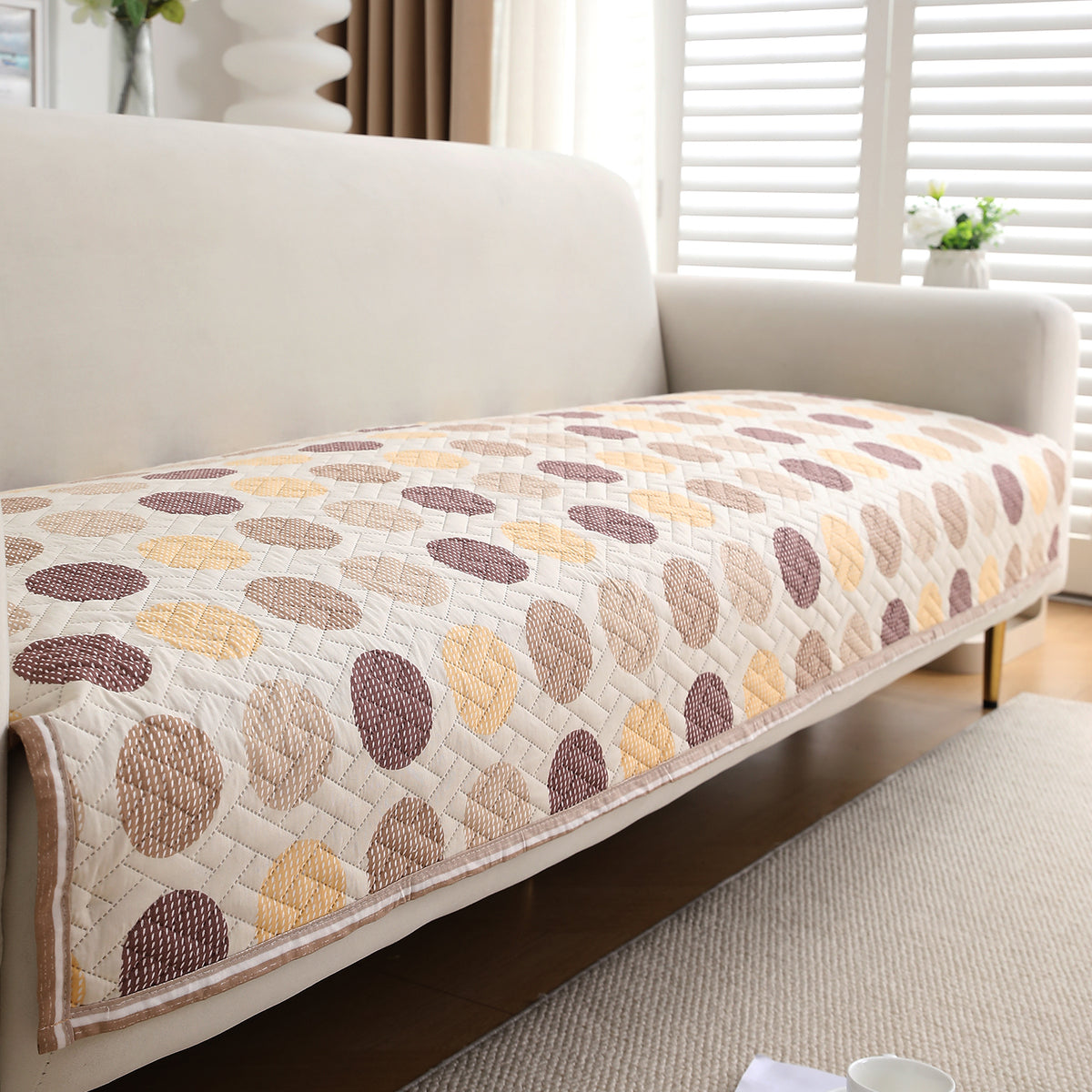 'Homehues' Printed Quilted Sofa Cover Mats, Brown Polka Dot
