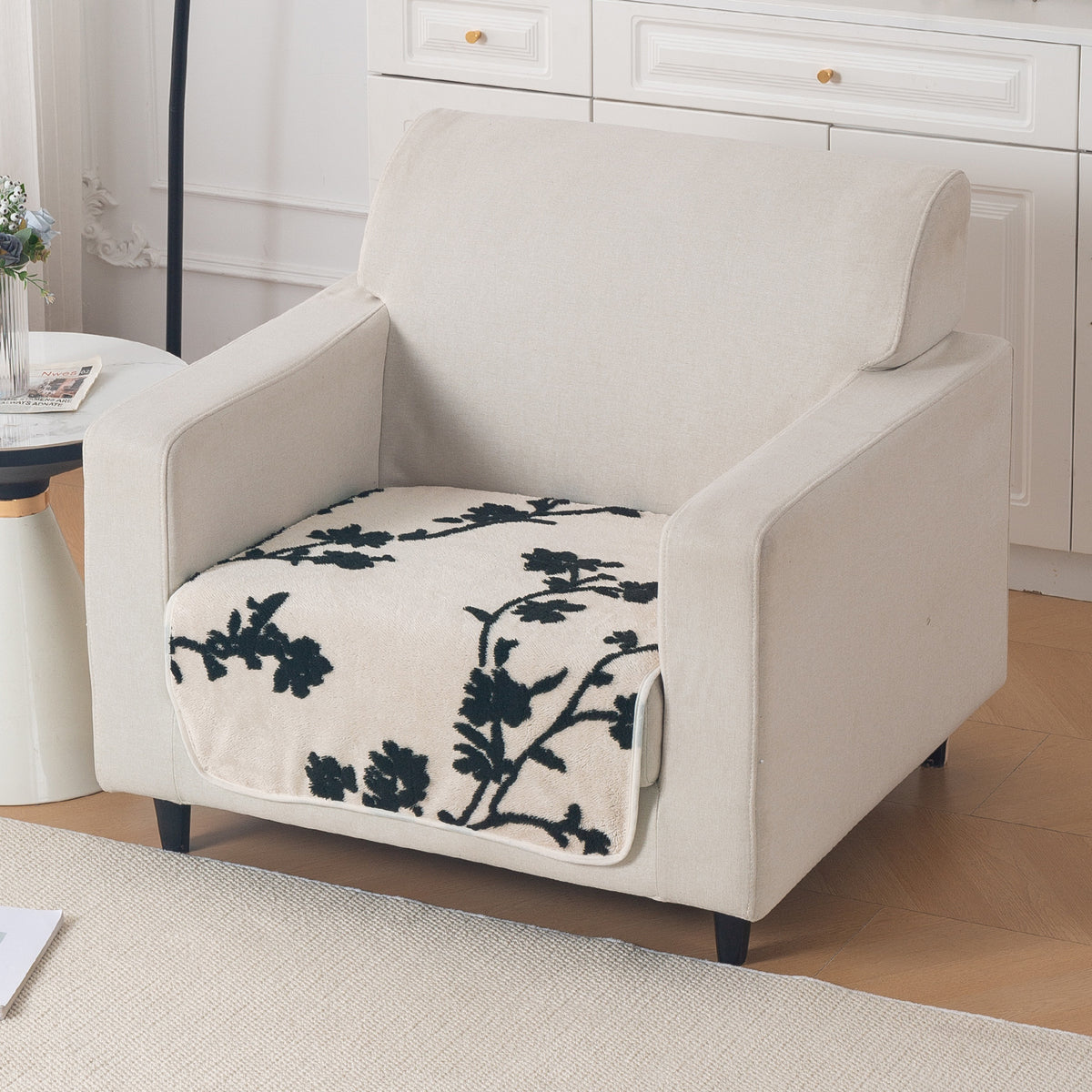 Luxury Plush Sherpa Anti-Slip Sofa Cover Mat, 'Noirea Series'| Botanical Vine