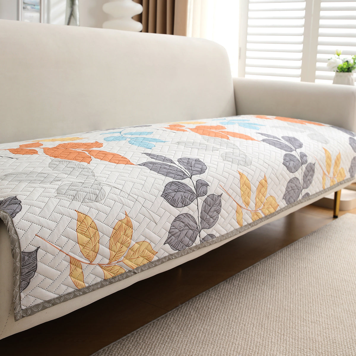 'Homehues' Printed Quilted Sofa Cover Mats, Multicolor Leaves