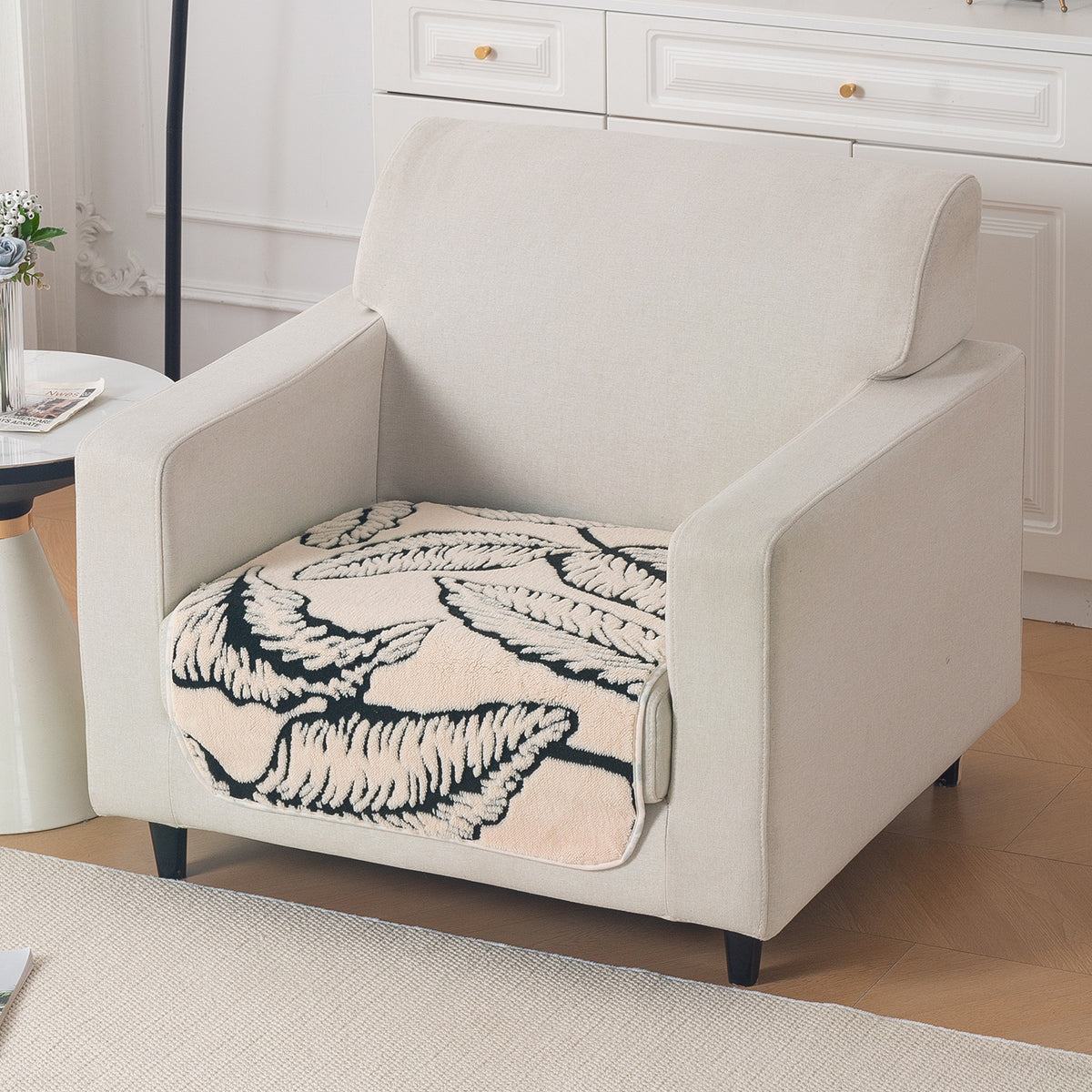 Luxury Plush Sherpa Anti-Slip Sofa Cover Mat, 'Noirea Series'| Botanical Leaf