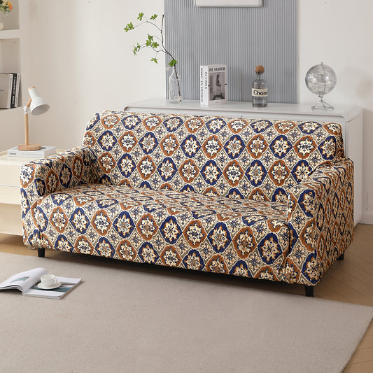 Premium Printed Velvet Sofa Cover 1/2/3 Seaters Fully Covered, Indigo Moroccan Charm