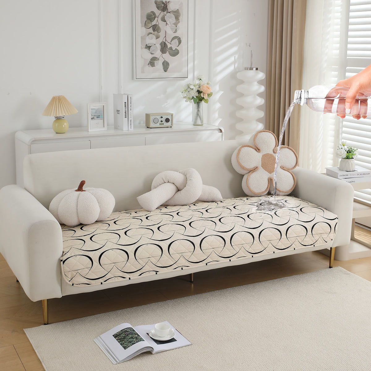 Water Repellent + Waterproof Quilted Sofa Mats, Natural Beige Abstract Art