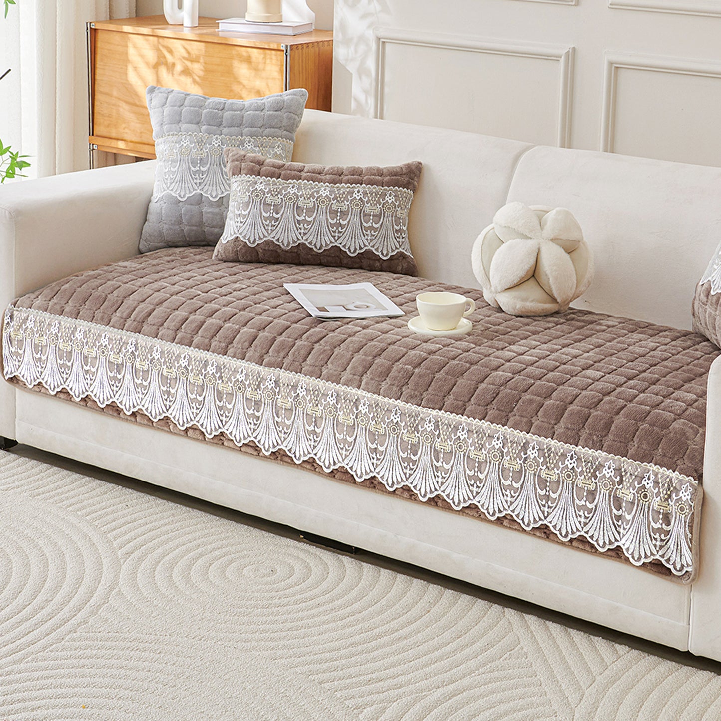 BelleLace Series Premium Imperial Milk Velvet Sofa Cover Mat with Lace Design -  Mocha Brown