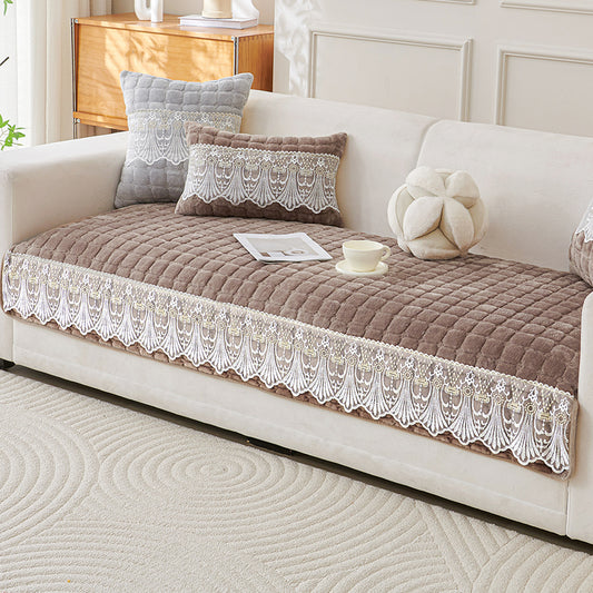 BelleLace Series Premium Imperial Milk Velvet Sofa Cover Mat with Lace Design -  Mocha Brown