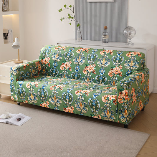 Premium Printed Velvet Sofa Cover 1/2/3 Seaters Fully Covered, Green Victorian Garden
