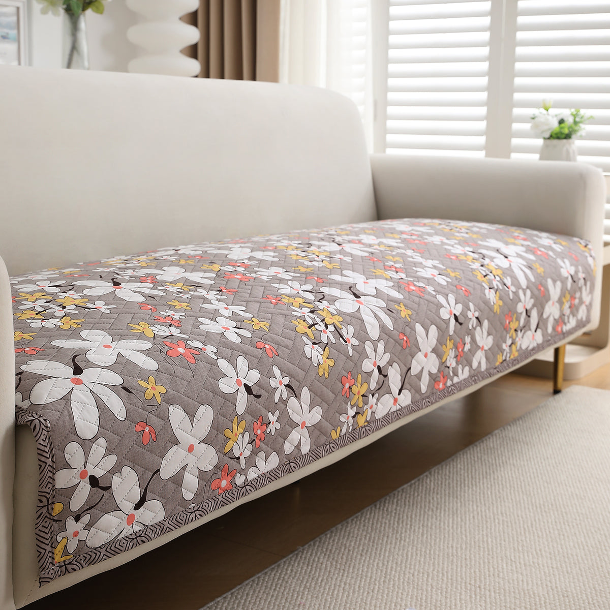 'Homehues' Printed Quilted Sofa Cover Mats, Pastel Brown Sandwort Flower