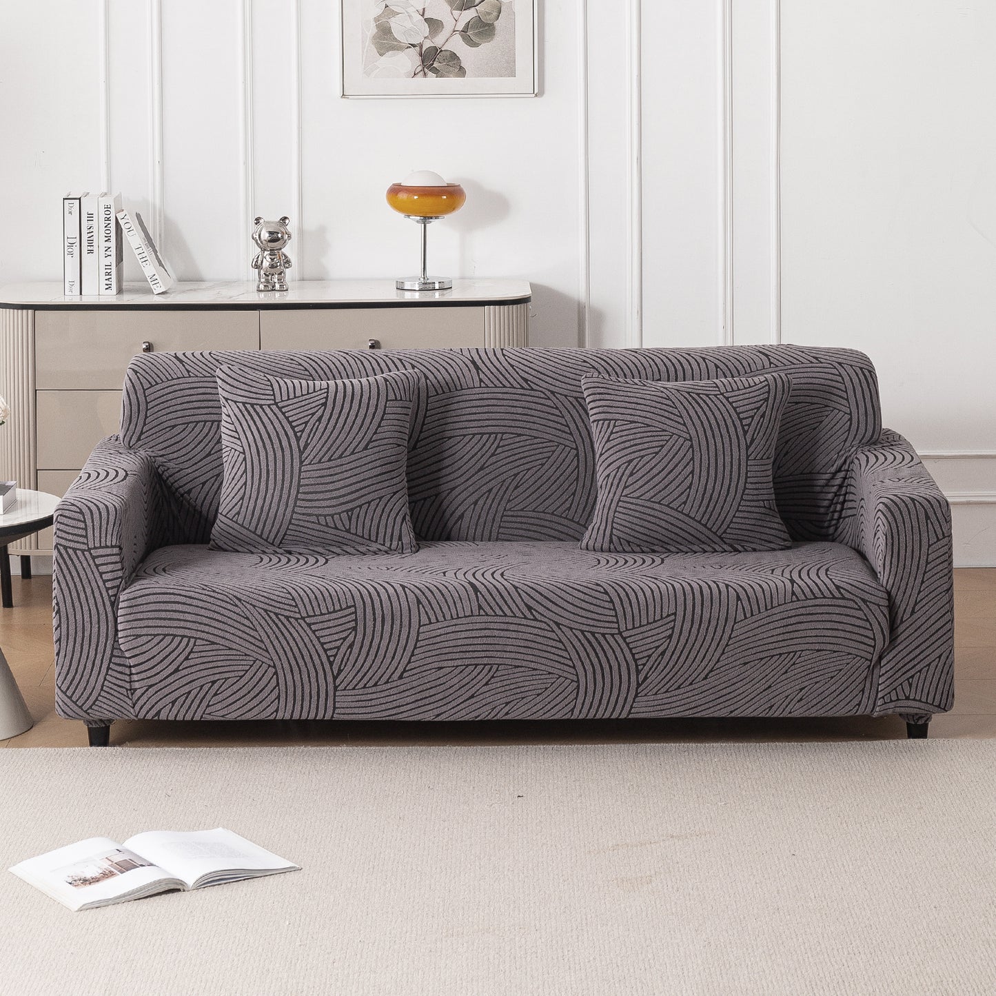 'WaveLine Series' Jacquard Sofa Cover 1/2/3/4-seater Fully Covered, Charcoal Grey