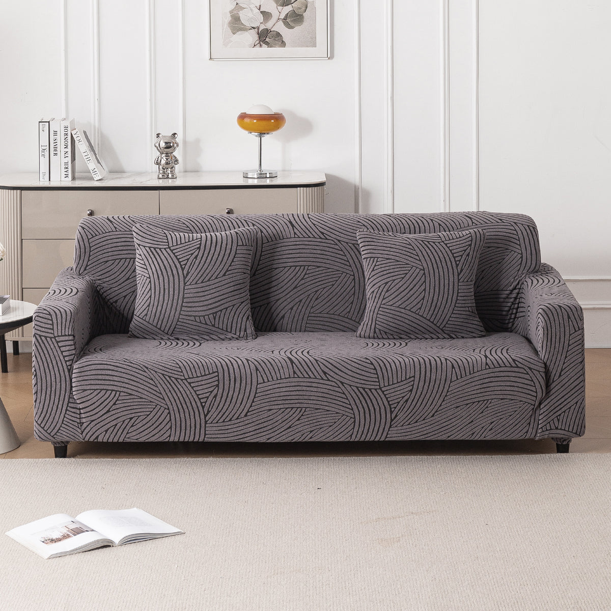 Buy charcoal grey colour waveline series jacquard 4 seater sofa cover​