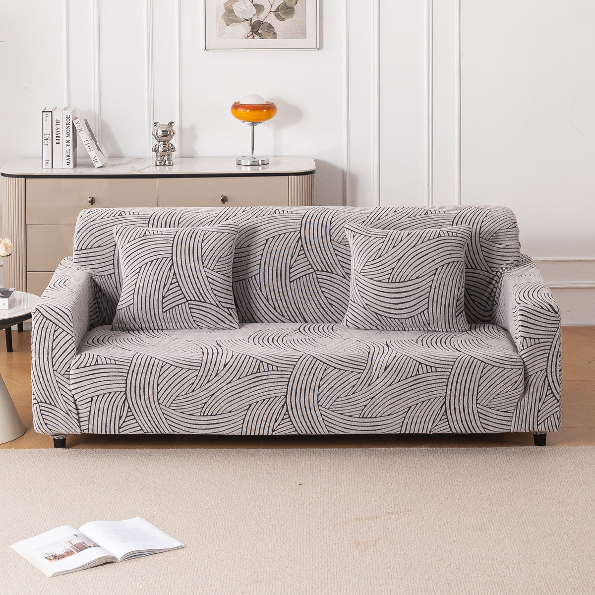 Buy classic white colour waveline series jacquard 4 seater sofa cover​