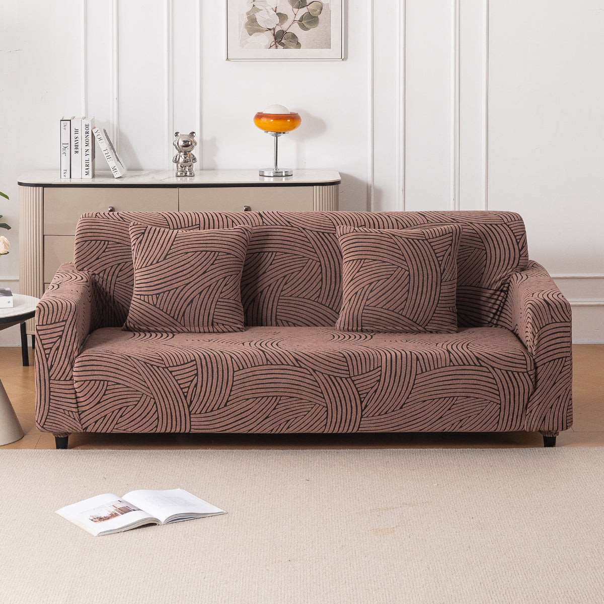 Buy rust brown colour waveline series jacquard 4 seater sofa cover​