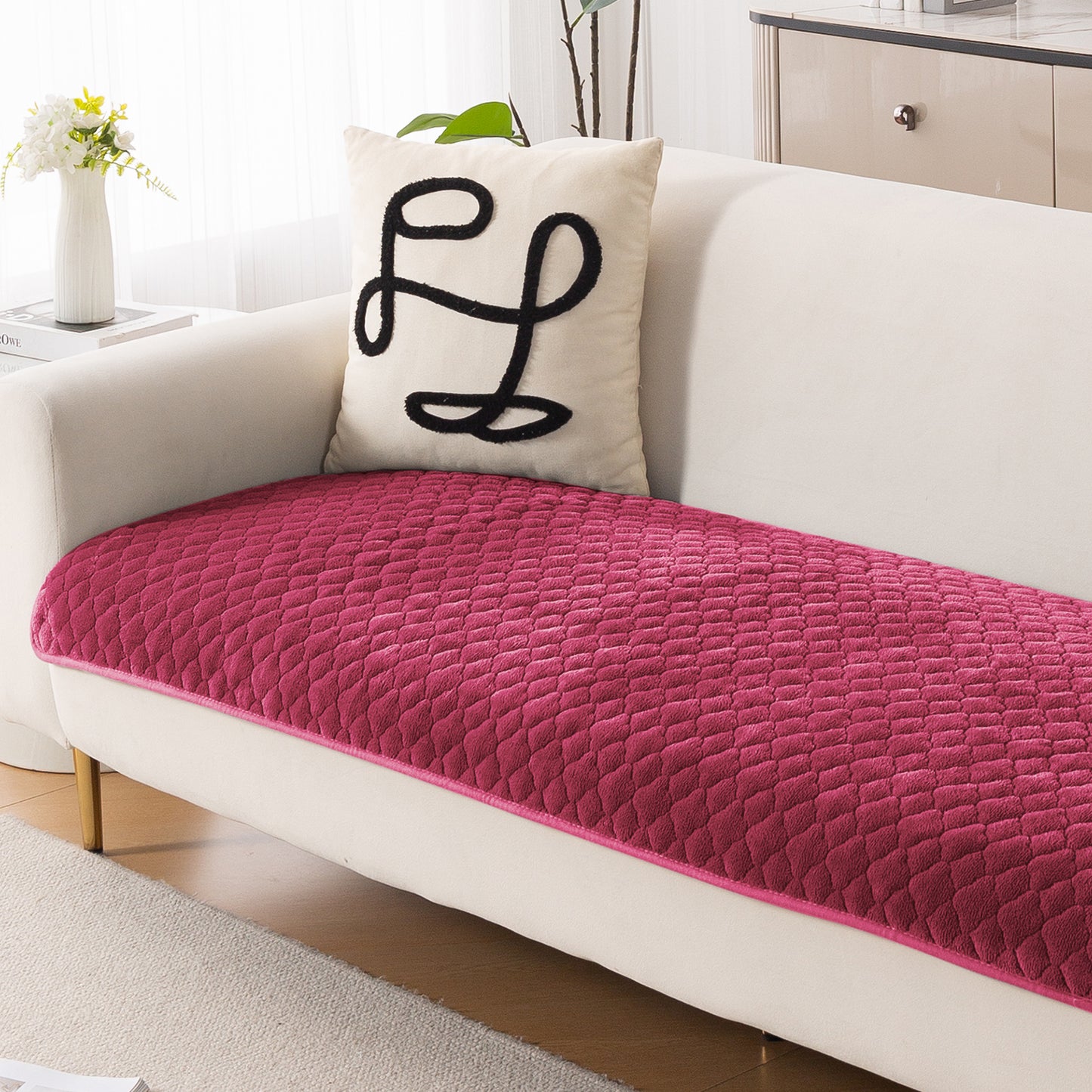 Diamond Plush Pebble Quilted Sofa Cover Mat, Wine