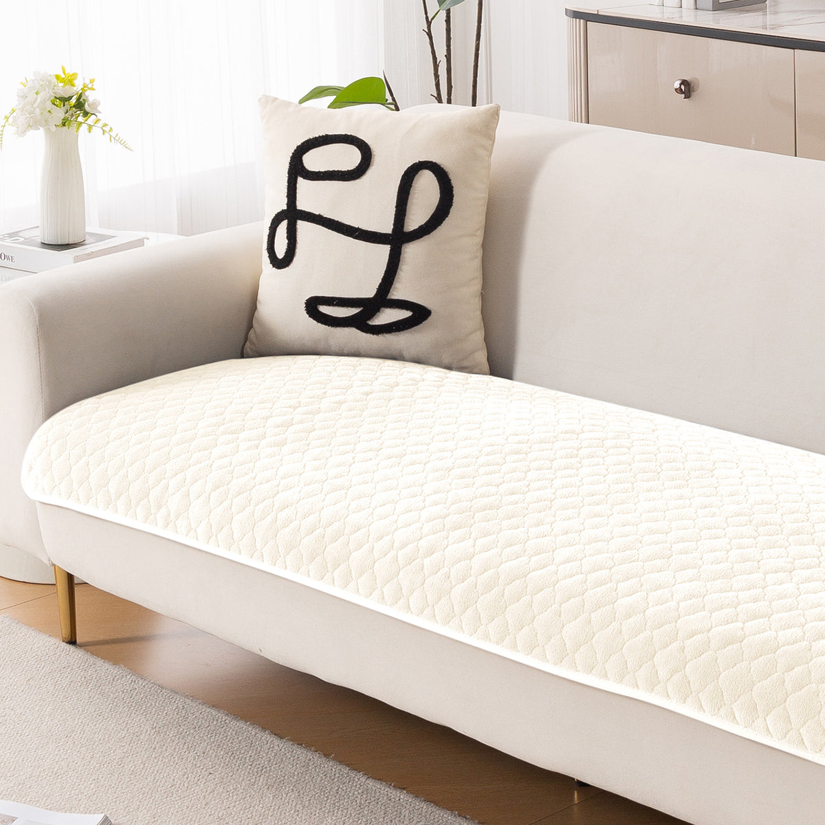 Diamond Plush Pebble Quilted Sofa Cover Mat, Cream