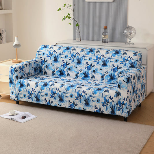 Premium Printed Velvet Sofa Cover 1/2/3 Seaters Fully Covered, Blue Azure Botanical